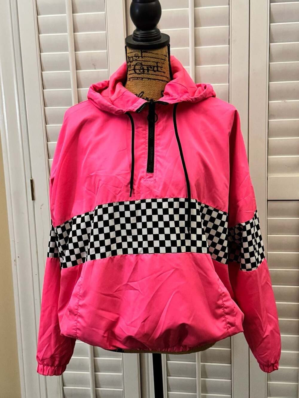 Orange Kiss Neon Pink Checkered Half-Zip Hooded Windbreaker